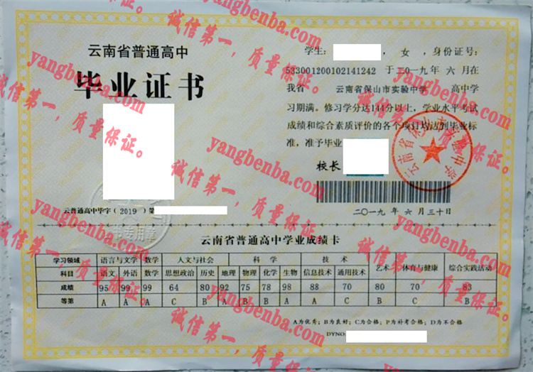 云南省保山市实验中学毕业证样本