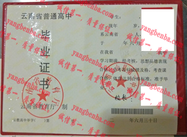 云南省文山县第二中学毕业证样本