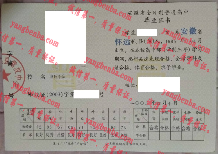 长玟中学毕业证样本