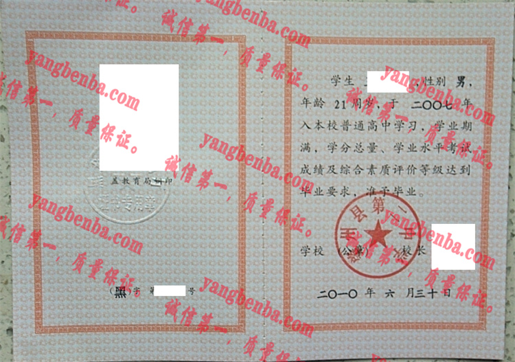 肇州县第二中学毕业证样本