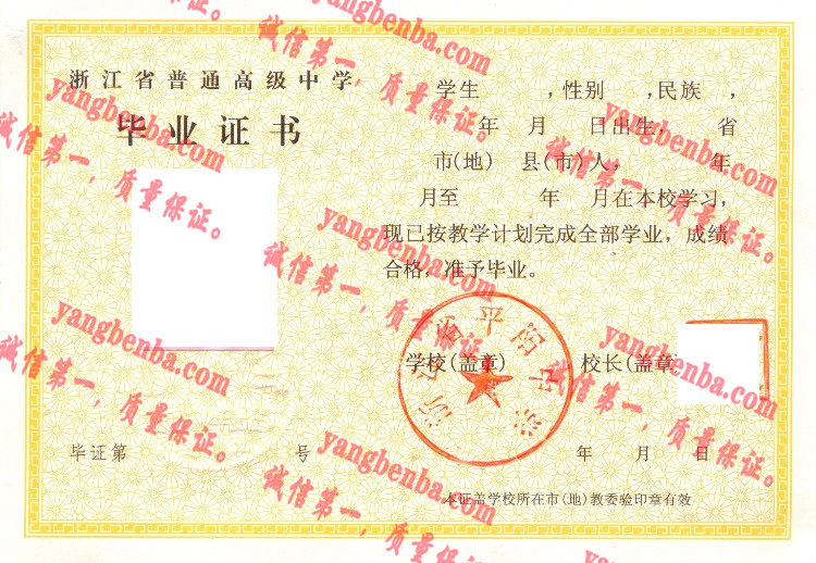 浙江省平阳中学毕业证样本