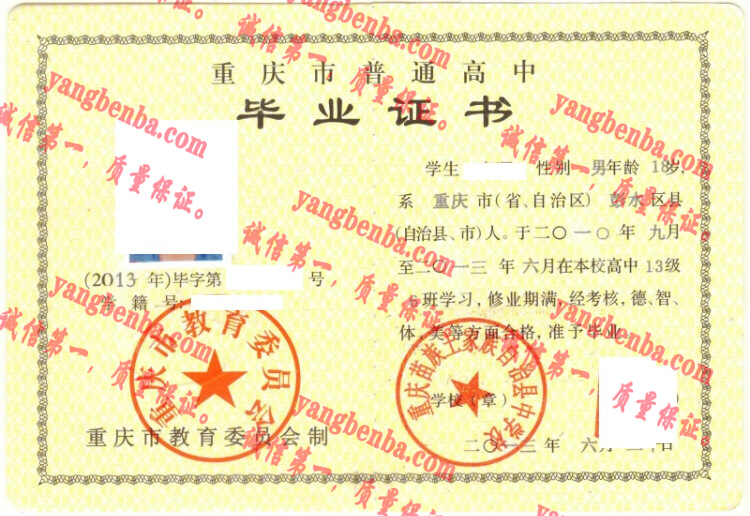 重庆苗族土家族自治县中学校毕业证样本