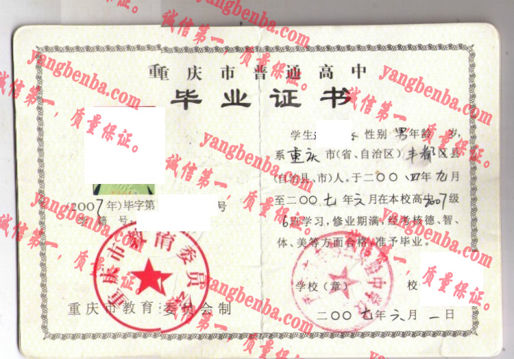 重庆市丰都实验中学校毕业证样本