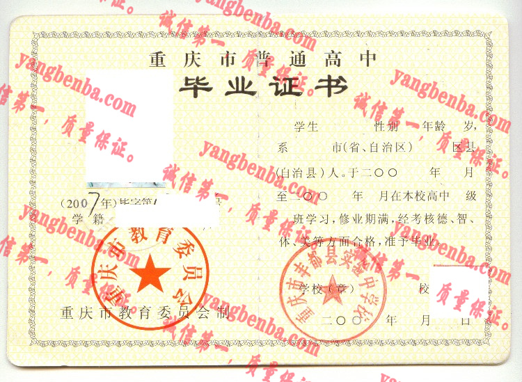 重庆市丰都县实验中学校毕业证样本