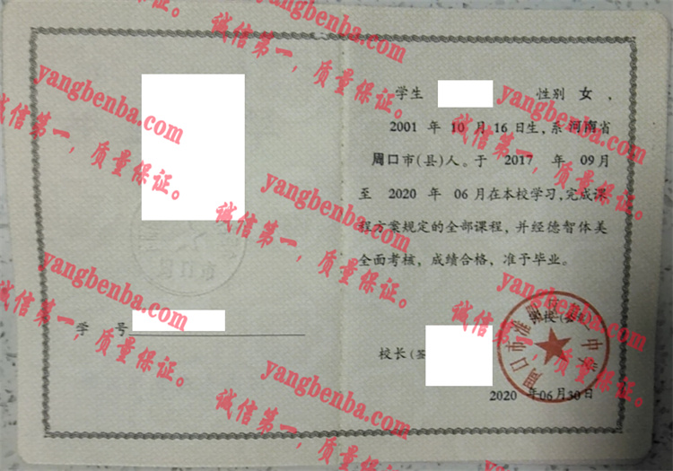 周口市淮阳区第一中学毕业证样本