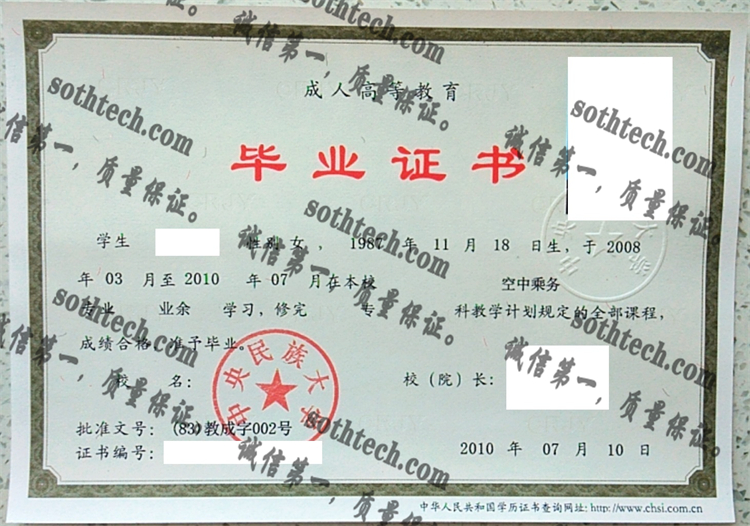 中央民族大学毕业证样本