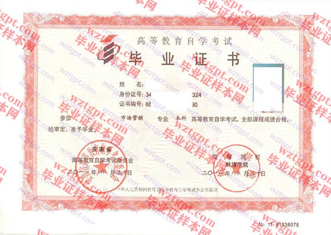蚌埠学院2011年自学考试本科毕业证书样本图片（市场营销）
