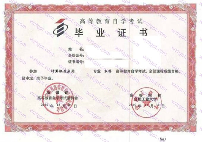 合肥工业大学2015年自学考试本科毕业证书样本图片（计算机及应用）