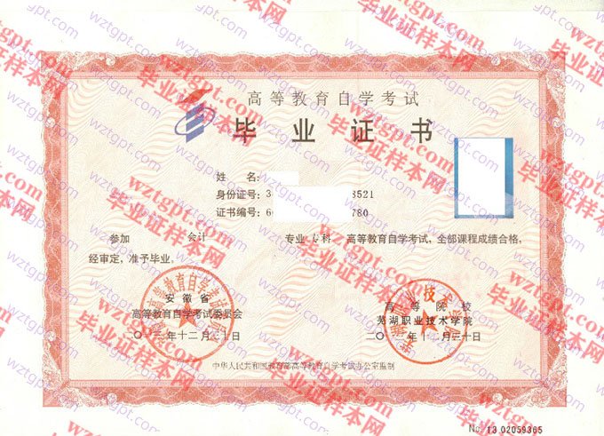 芜湖职业技术学院2013年自学考试专科毕业证书样本图片（会计）