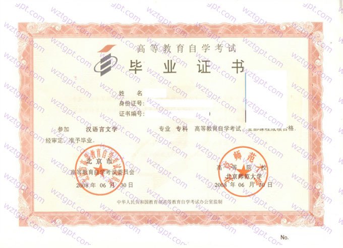 北京师范大学2008年自学考试专科毕业证书样本图片（汉语言文学）