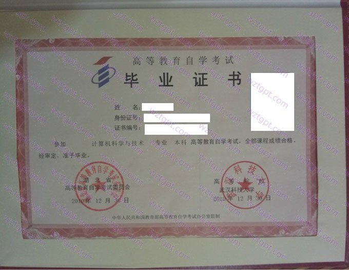 武汉科技大学2010年自学考试本科毕业证书样本图片（计算机科学与技术）