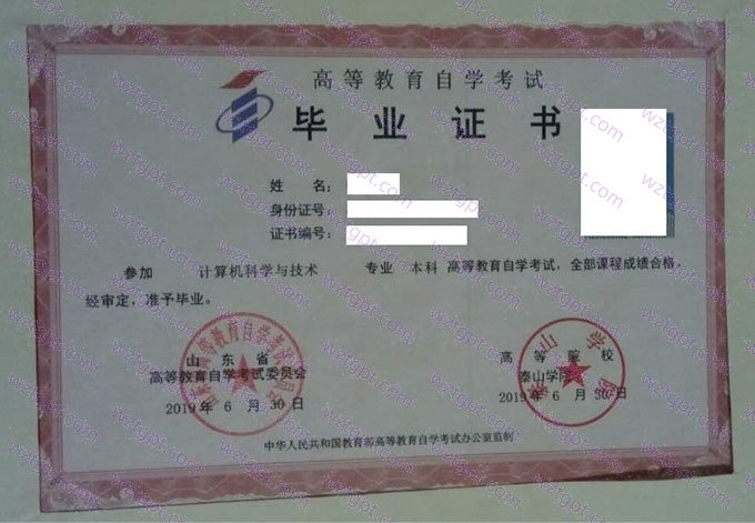 泰山学院2019年自学考试本科毕业证书样本图片（计算机科学与技术）